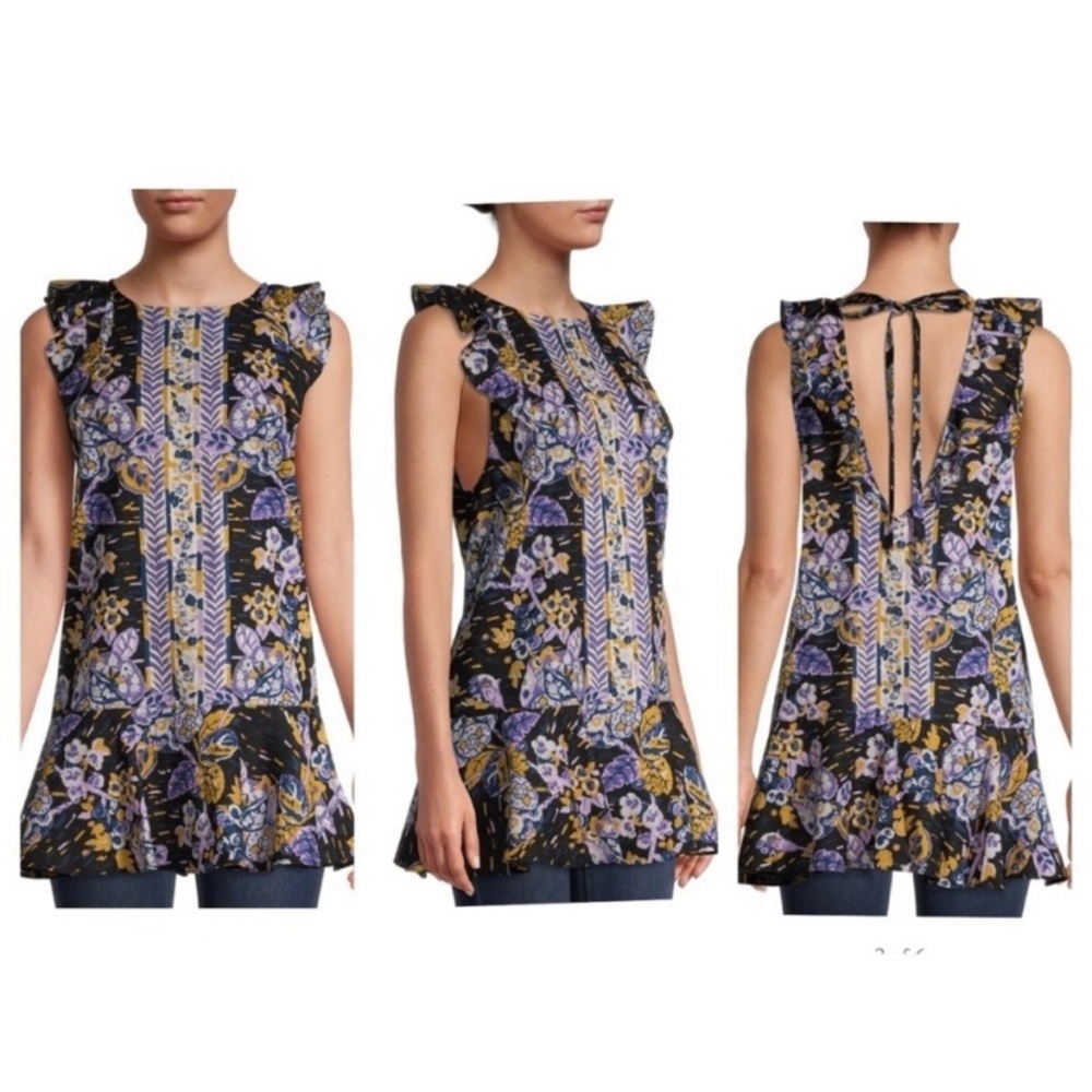 Free People - Summer In Tulum Floral Ruffle Tunic Linen Blend Size Medium